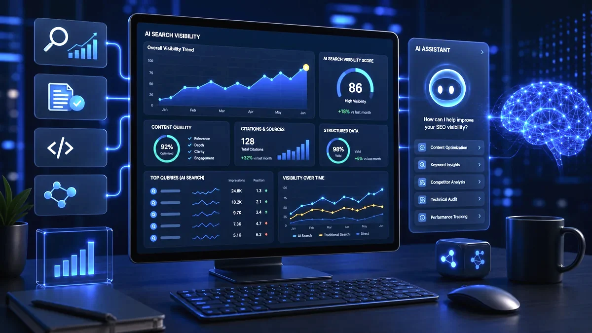 Mørk blå Copilot SEO-dashboard med AI-synlighet, trendgrafer og 3D-kort
